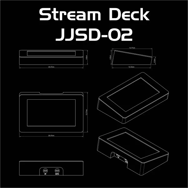 Desenho técnico com as medidas da StreamDeck JJSD-02
