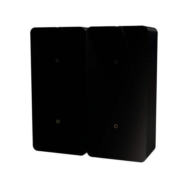 Imagem de duas buttonboxes da linha JJB-Slim montadas em um único suporte VESA 75 (de costas)